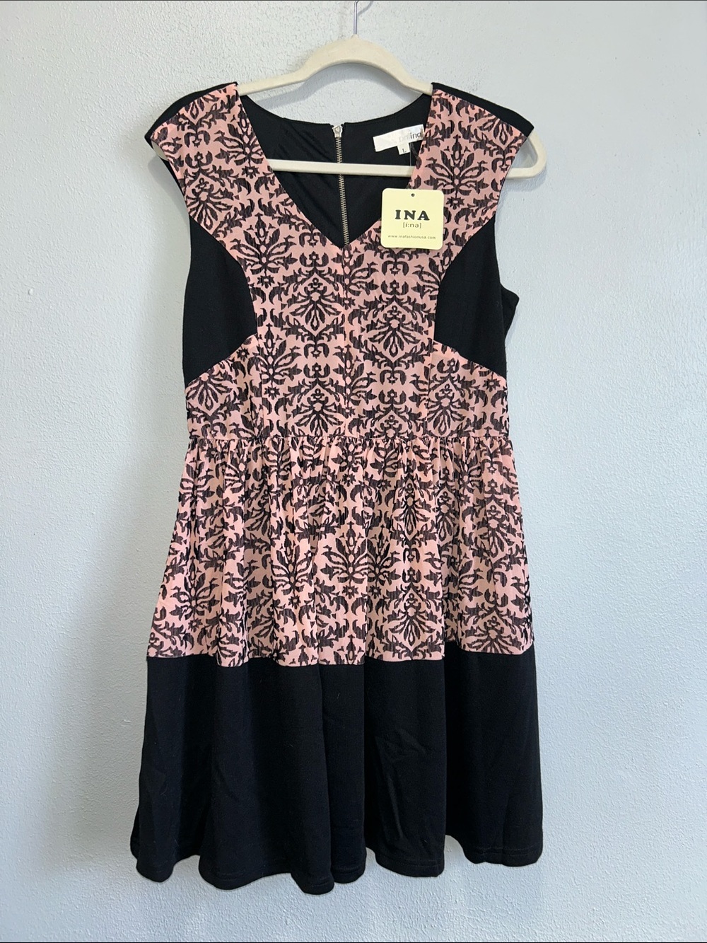 INA Pink and Black Patterned Fit-and-Flare Dress